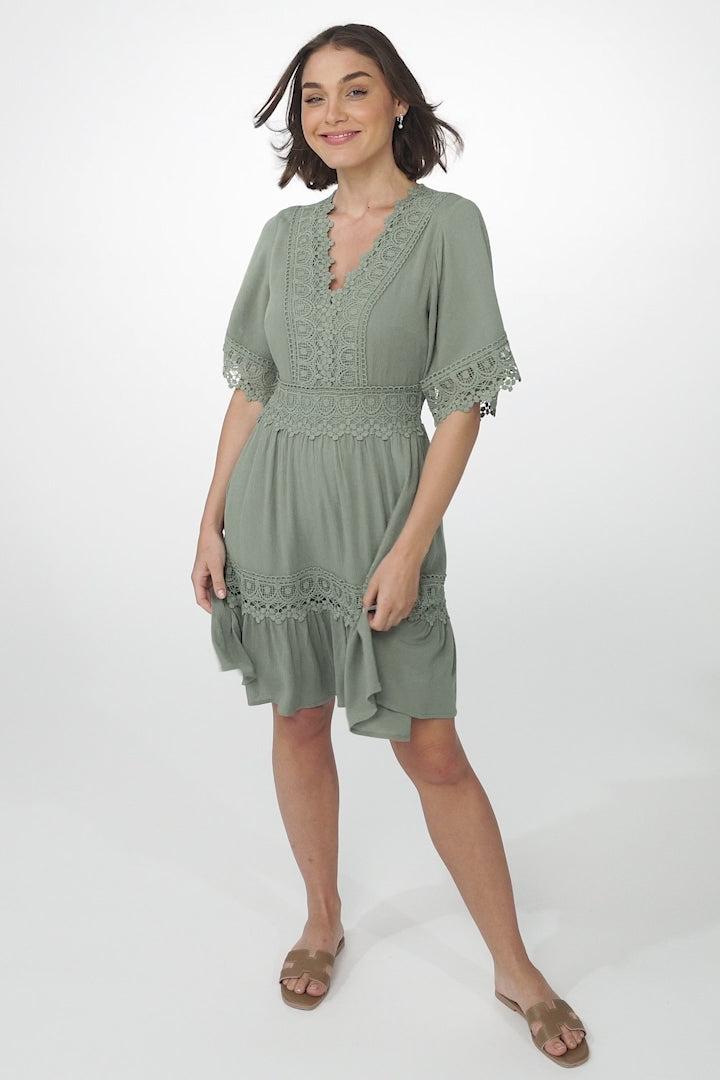 Leelie Mini Dress - Lace Embellished Tiered Dress with Bell Sleeves in Green