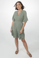 Leelie Mini Dress - Lace Embellished Tiered Dress with Bell Sleeves in Green