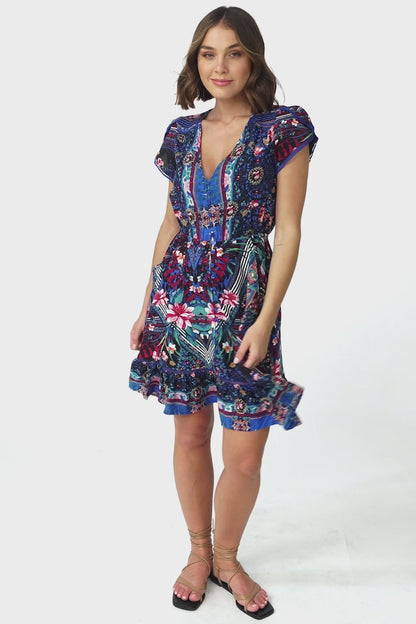 JAASE - Lizzie Mini Dress: Butterfly Cap Sleeve Button Down Dress with Pockets in Rocco Print