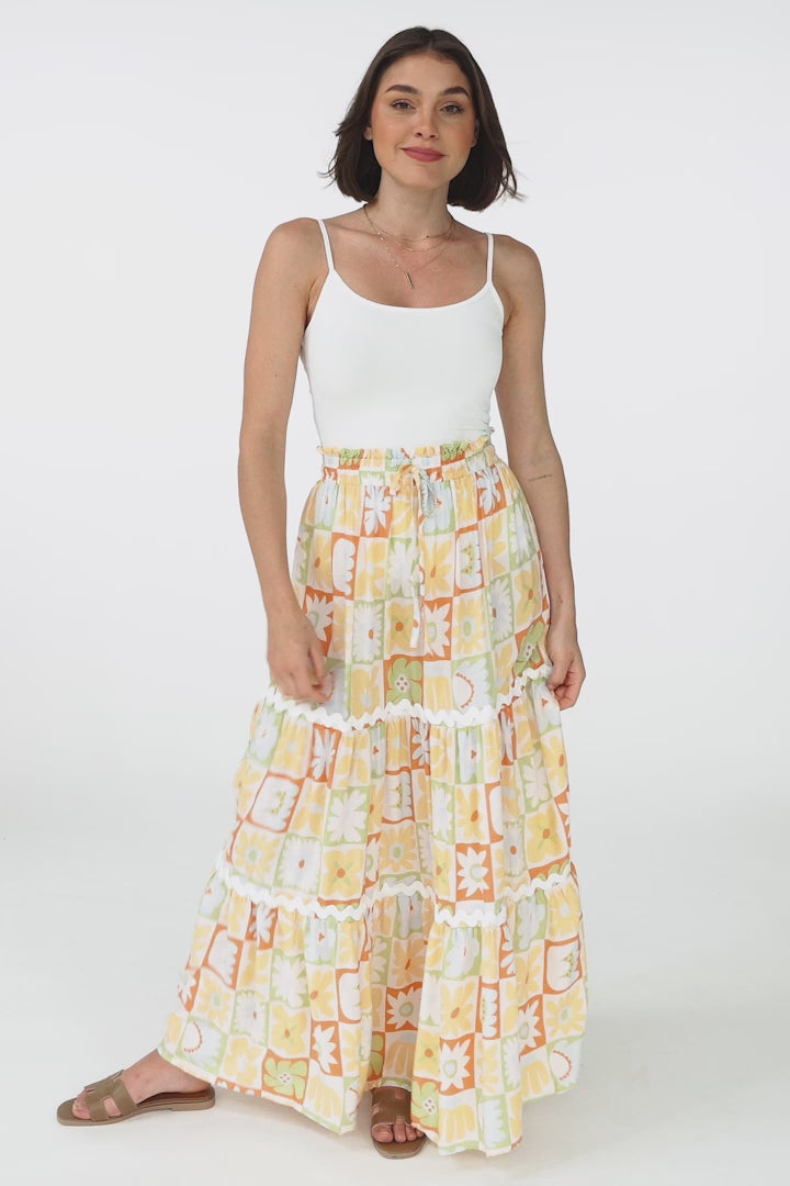 Sonya Maxi Skirt: High Waisted Rick Rack Splicing Tiered Skirt in Nissa Print Yellow