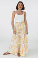 Sonya Maxi Skirt: High Waisted Rick Rack Splicing Tiered Skirt in Nissa Print Yellow