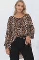 Kayt Blouse - Plisse Long Sleeve Top with High-Low Hemline in Leopard Print