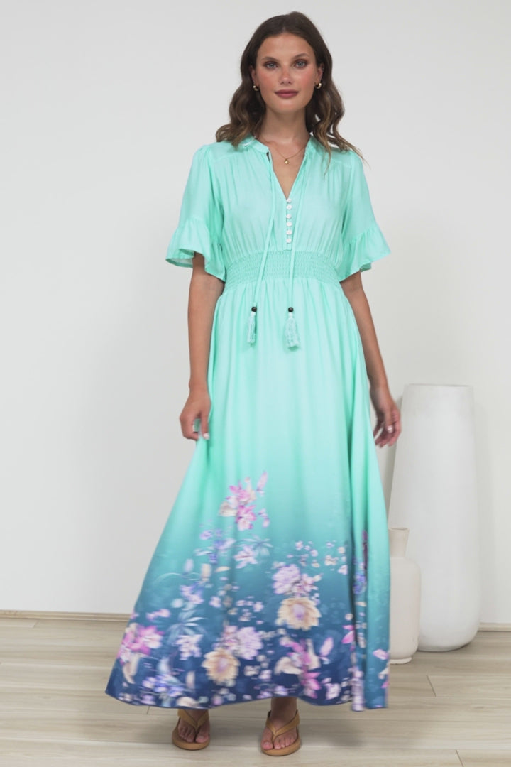 Jemina Maxi Dress - V-Neck Elasticated Waist A-Line Dress in Candyce Print Blue