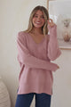 Clarke Jumper - V-Neck Batwing Sleeve Ribbed Step Hemline Knit in Pink