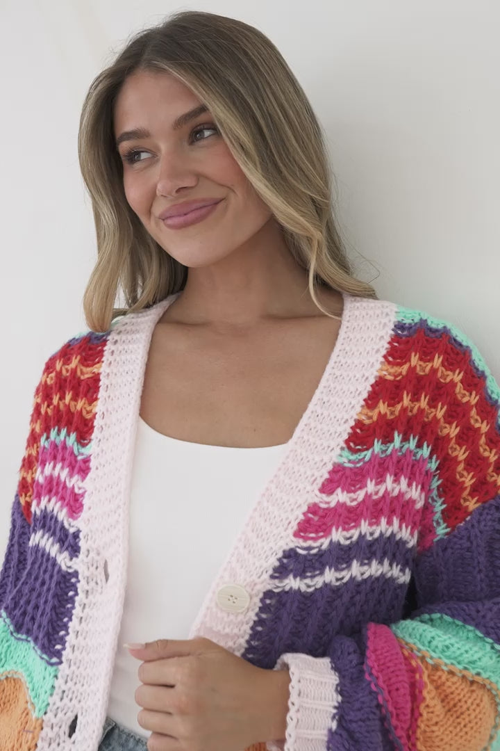 Bellamy Cardigan - Button Front V Neck Multicoloured Stripe Knit in Pink
