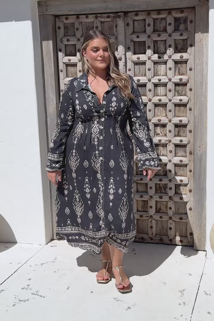 Adalyn Midi Dress - Collared A Line Dress with Cinched Waistline and Contrast Stitching in Varly Print Black