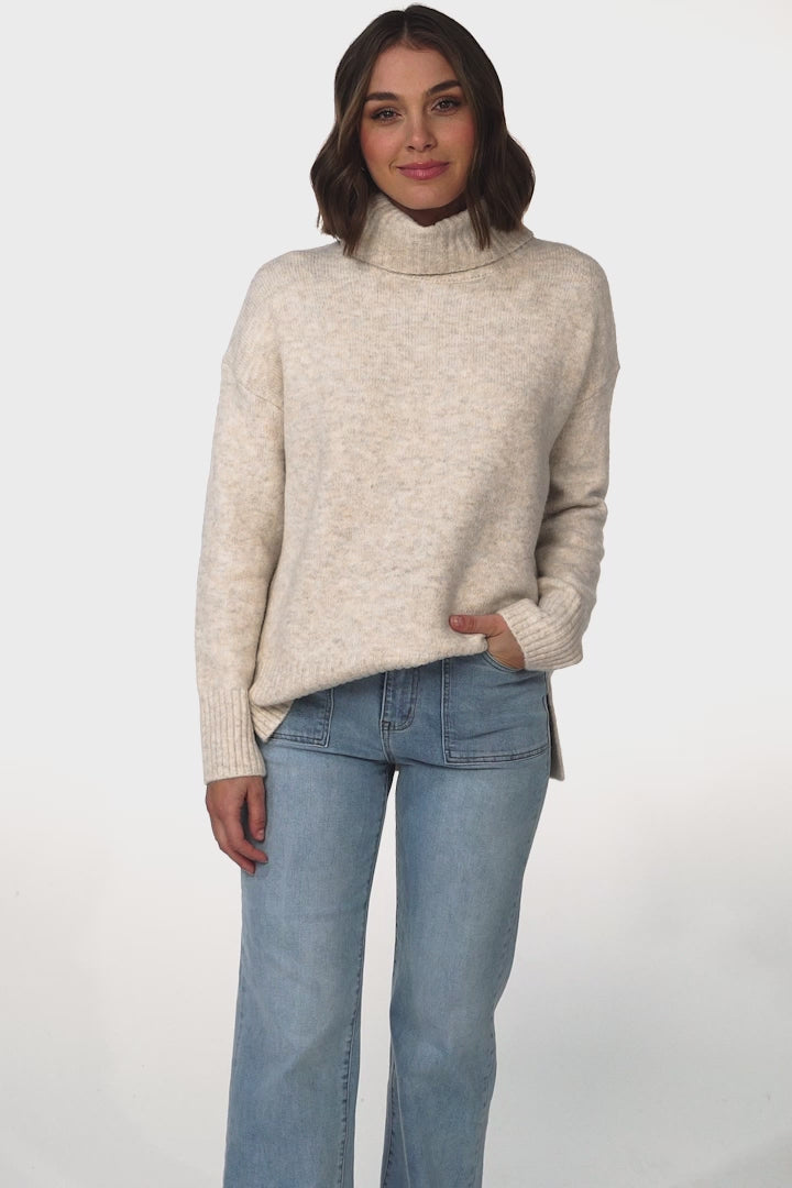 Trilly Jumper - Turtle Neck Realxed Jumper Step Hemline in Oat Marle