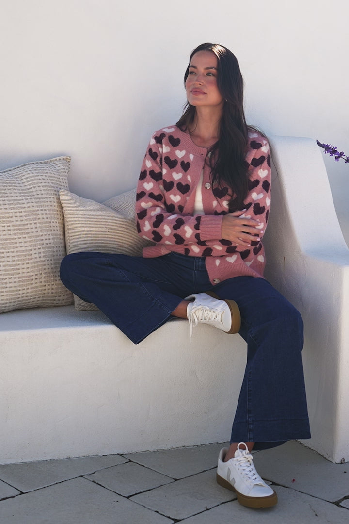Lynnie Cardigan - Round Neck Button Down Knit with Heart Graphic Motif in Pink