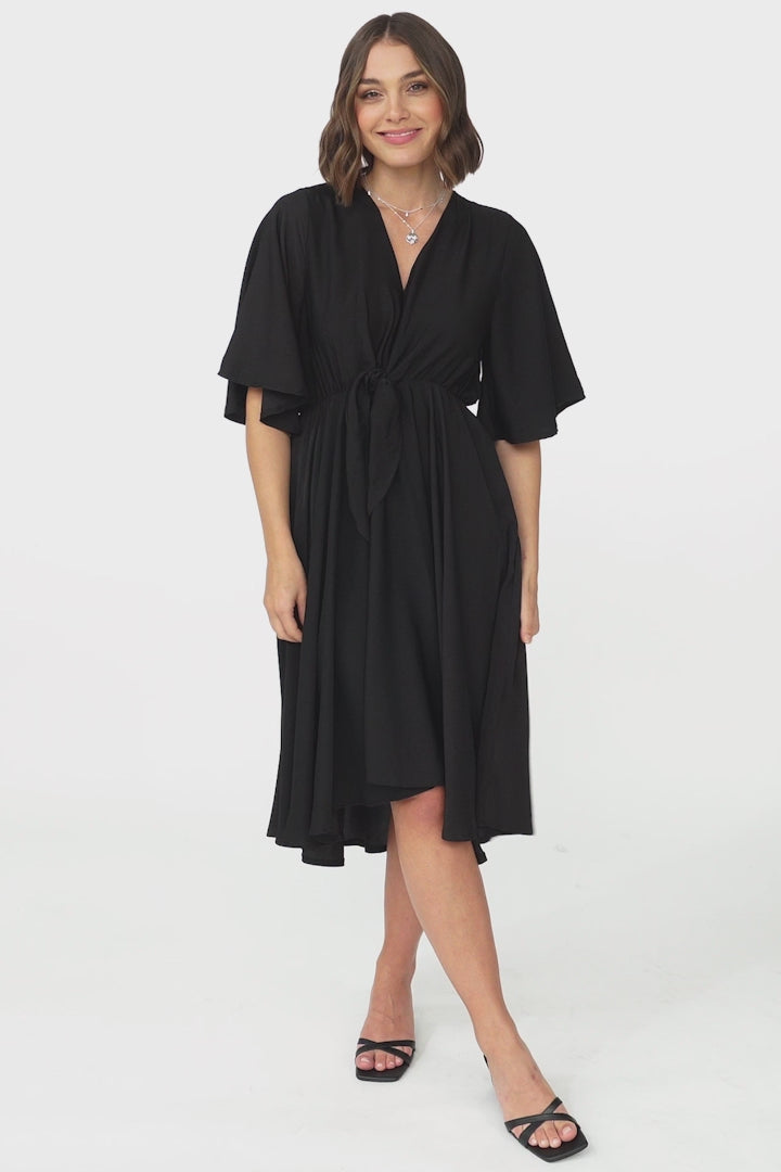 Satina Midi Dress - A Line Dress with Bell Sleeves in Black