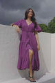 Anya Maxi Dress - Flutter Cap Sleeve Pull Tie Waist Dress in Purple