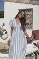 Anais Midi Dress - Cap Flutter Sleeve Button Down A Line Dress in Seely Print Blue