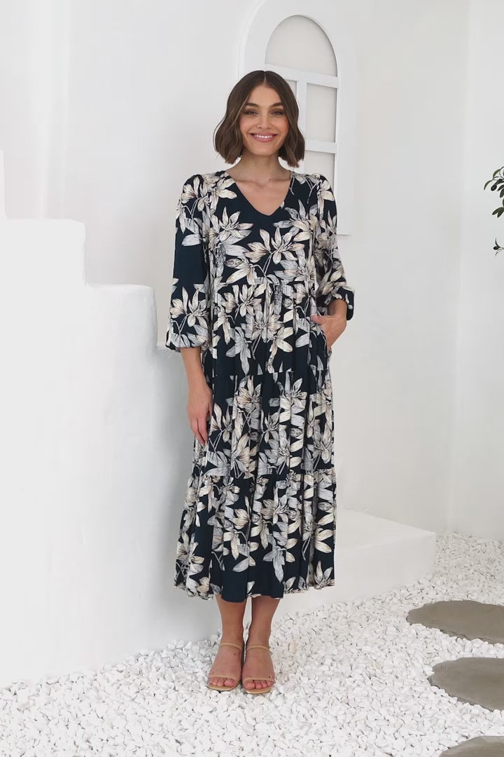 Erin Midi Dress: Tiered Smock Dress in the Frigg Print