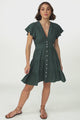 Amy Mini Dress - Frill Cap Sleeve Button Down V Neck Dress in Emerald