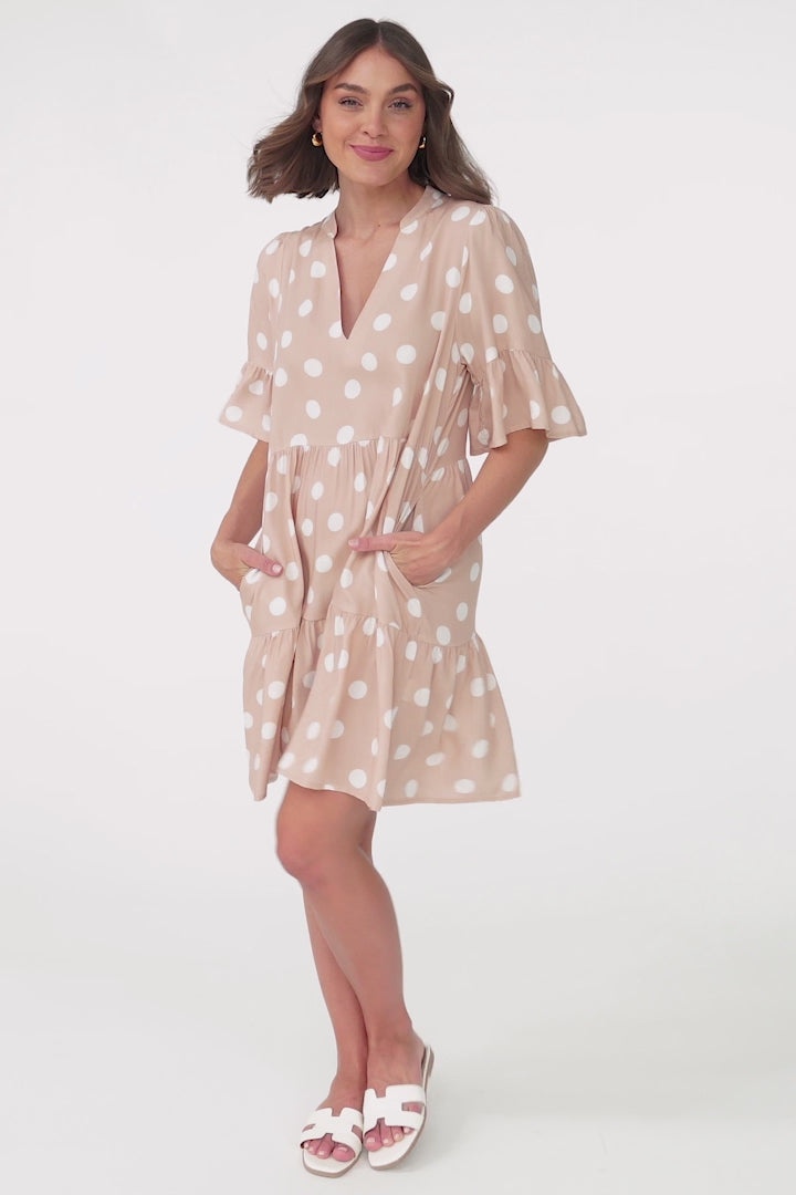 Netty Mini Dress - Mandarin Collar Smock Dress with Frill Hem Sleeves in Mahony Print Beige