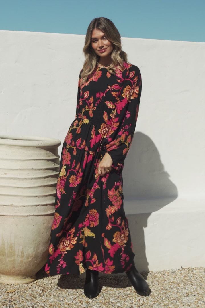 Sheyne Maxi Dress - Long Balloon Sleeve Elasticated Waist A Line Dress in Valerie Print