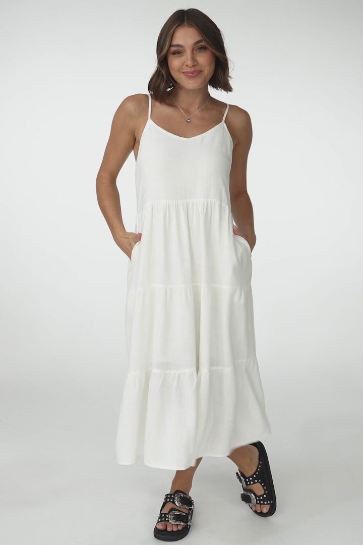 Arlowe Midi Dress - Soft V Neckline Tiered Linen Sun Dress in White