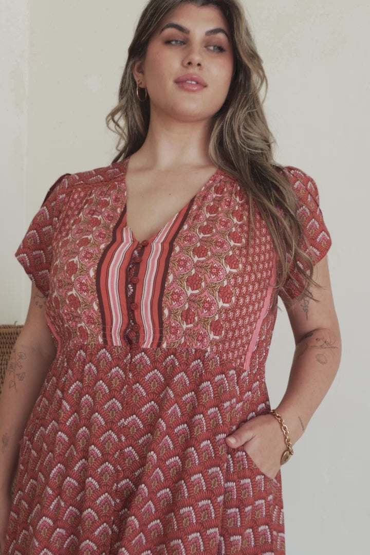 JAASE - Carmen Maxi Dress: Butterfly Cap Sleeve Button Down A Line Dress with Lace Trim in Coral Eden Print