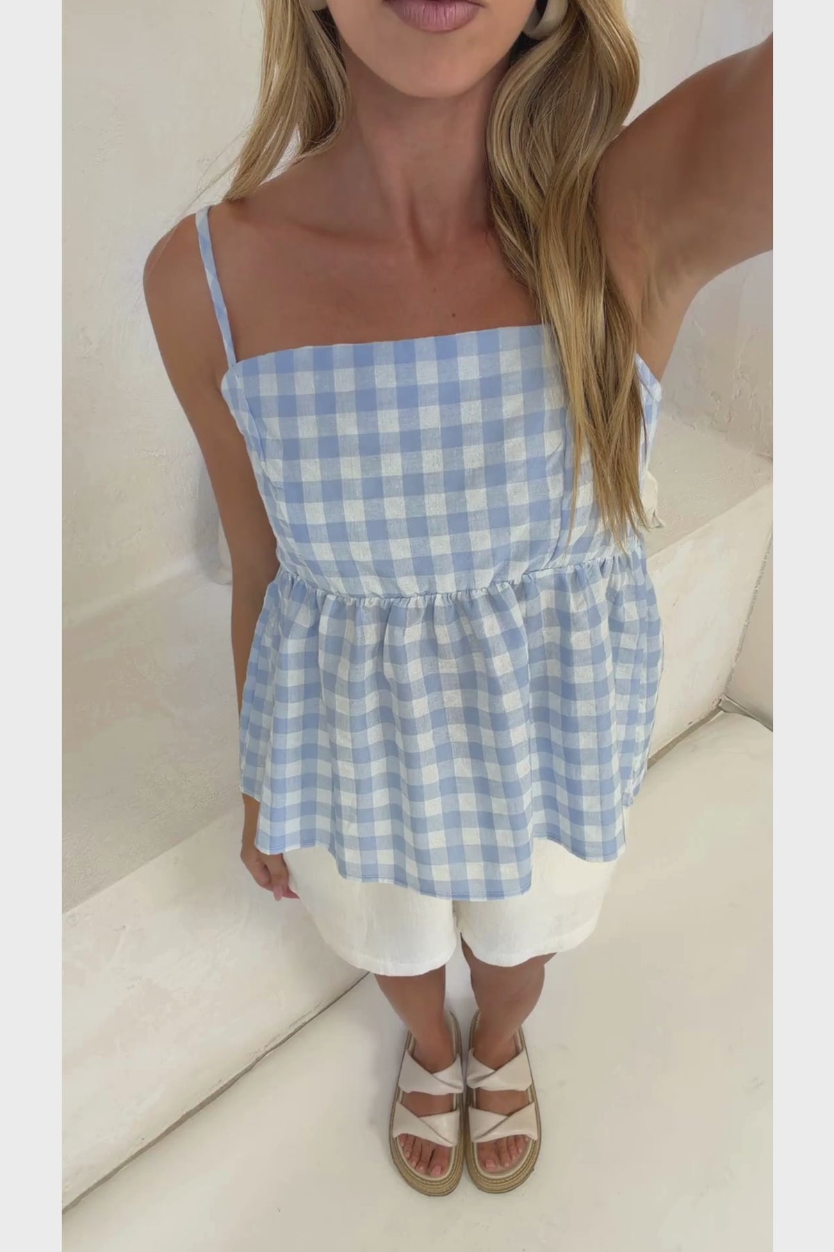 Nela Top - Square Neck Pelum Hem Top with Adjustable Spaghetti Straps in Blue Gingham