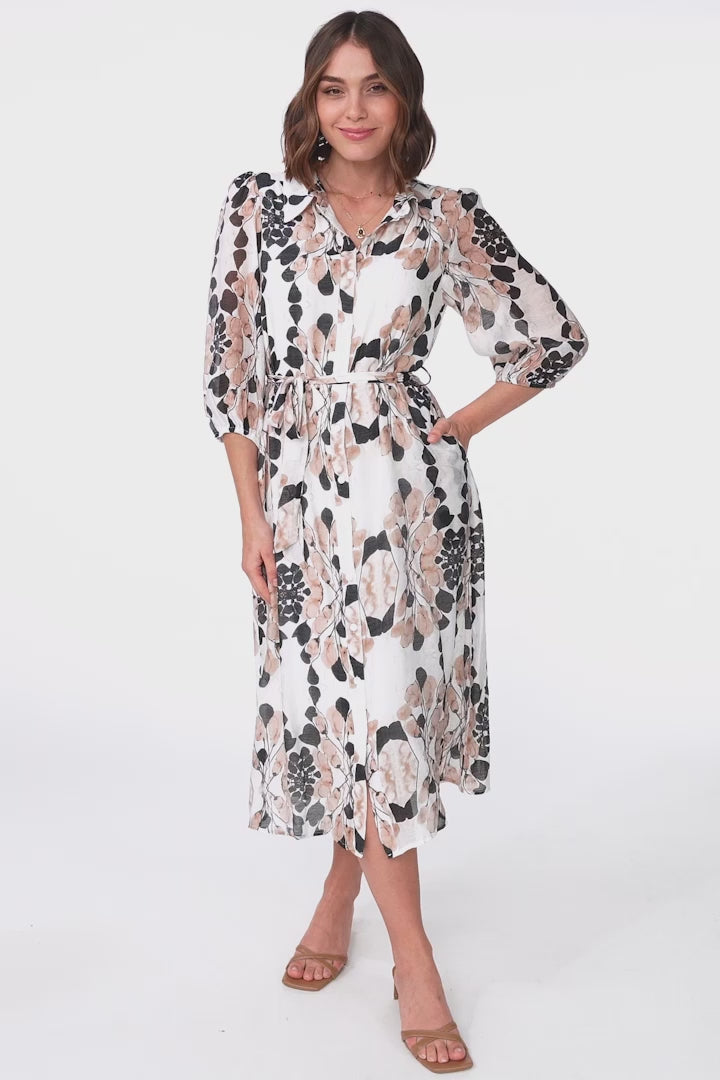 Lorinie Midi Dress - Collared Shirt Dress with Matching Waist Tie in Calea Print Beige