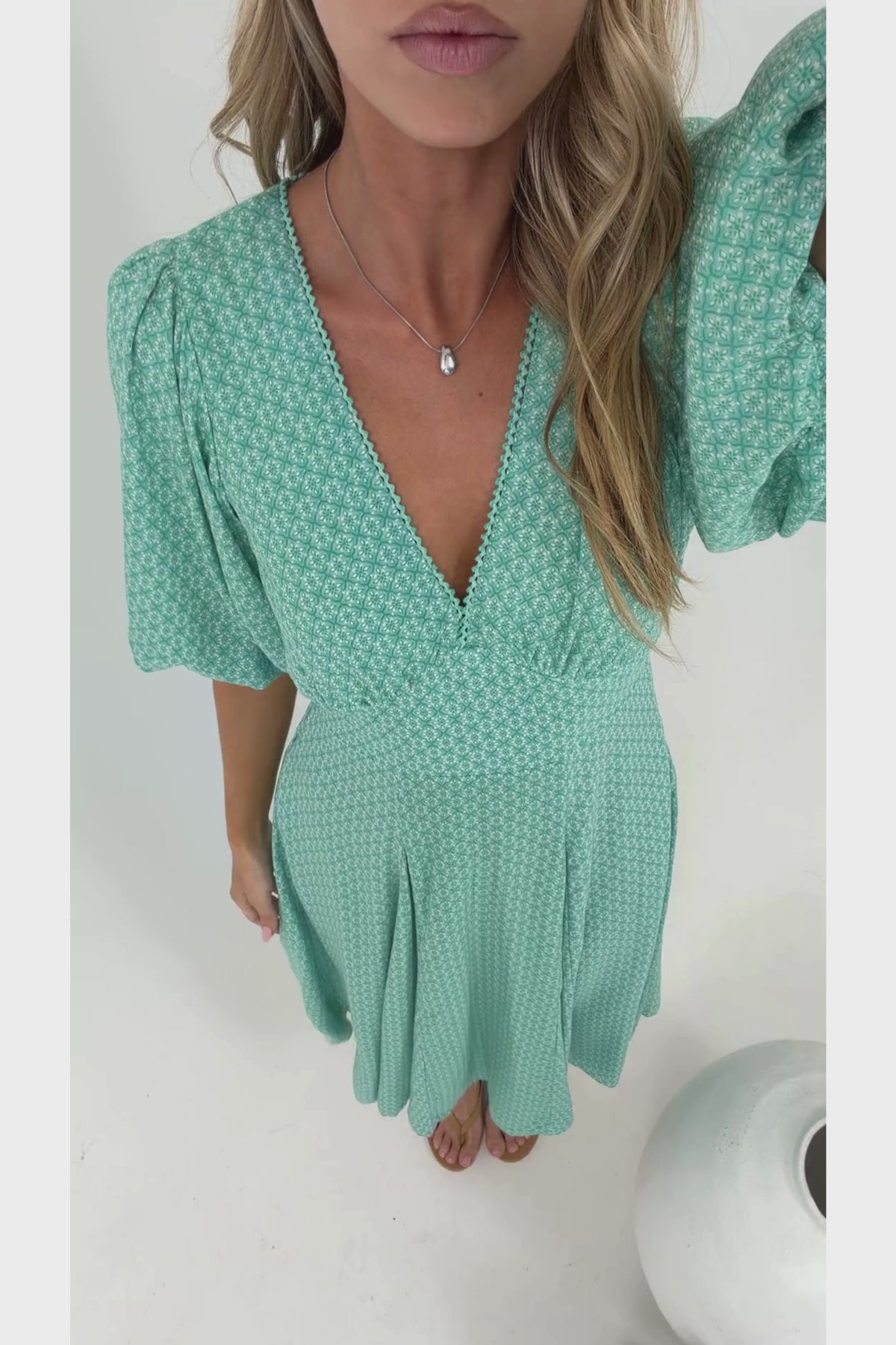 Irisa Midi Dress - Lace Trim V-Neck A-Line Dress with Balloon Sleeves in Belladore Print