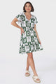 Lorena Mini Dress - V Neck Pull Tie Waist Mini Dress in Layah Print Green