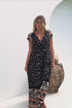 JAASE - Carmen Maxi Dress: Butterfly Cap Sleeve Button Down A Line Dress with Lace Trim in Eternity Print