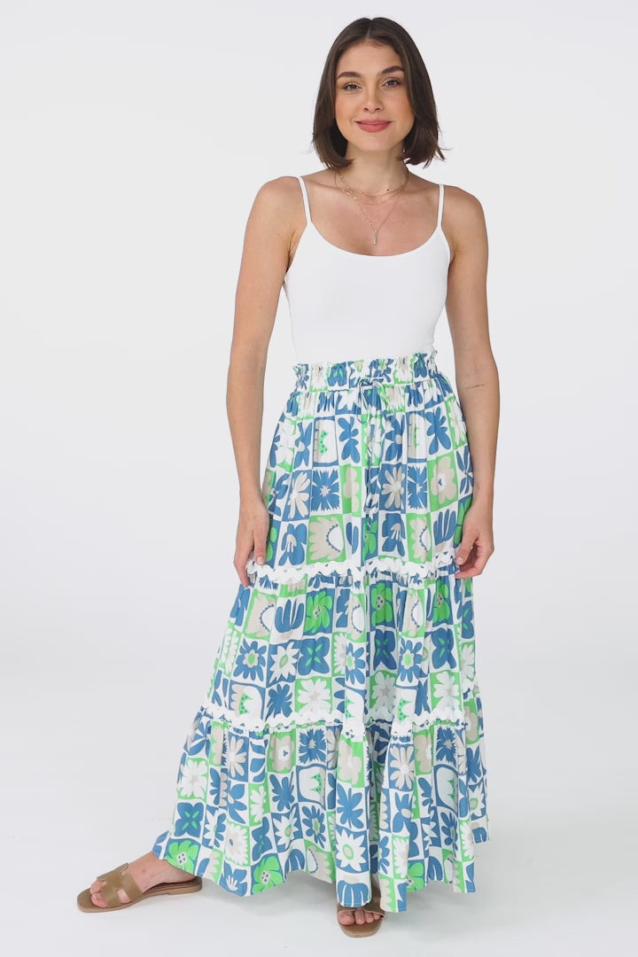 Sonya Maxi Skirt: High Waisted Rick Rack Splicing Tiered Skirt in Nissa Print Blue