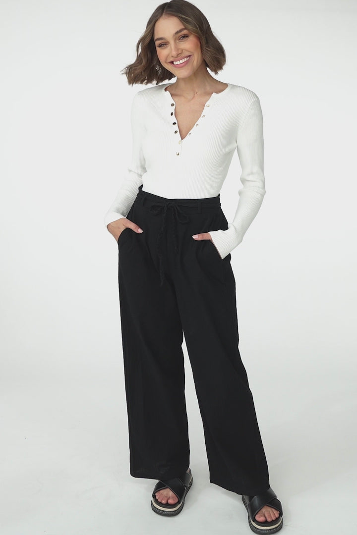 Roswell Pants - Cotton Wide Leg Pant with Plaited Belt in Black