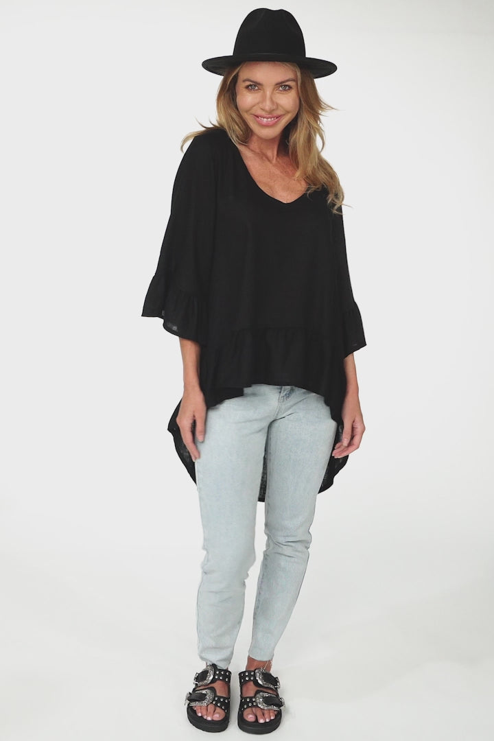 Kiany Top - Floaty Smock with Ruffle High Low Hemline in Black