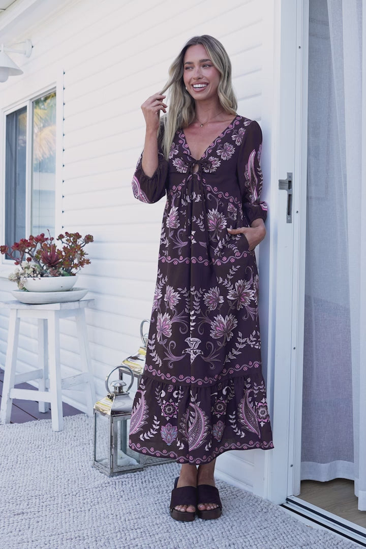 Thanya Midi Dress - V-Neck with Tie Balloon Sleeve Tiered Dress in Magah Print Brown
