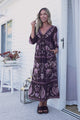 Thanya Midi Dress - V-Neck with Tie Balloon Sleeve Tiered Dress in Magah Print Brown