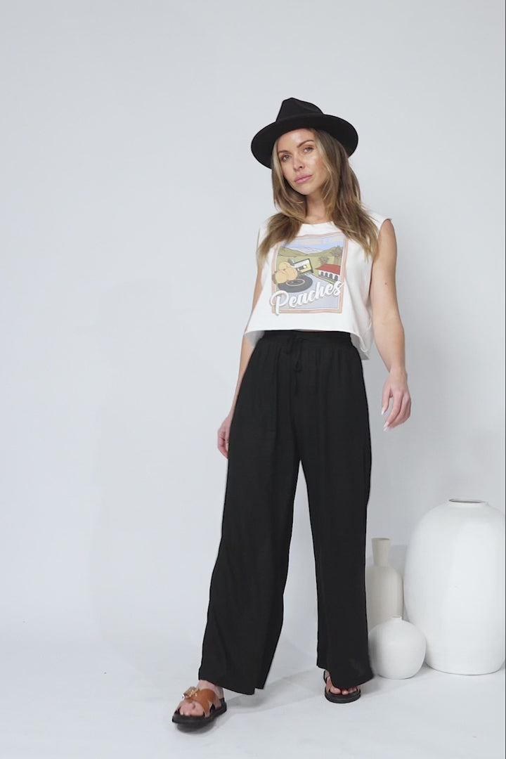 Leslie Linen Pants - Linen Elasticated Waist Straight Leg Pants in Black