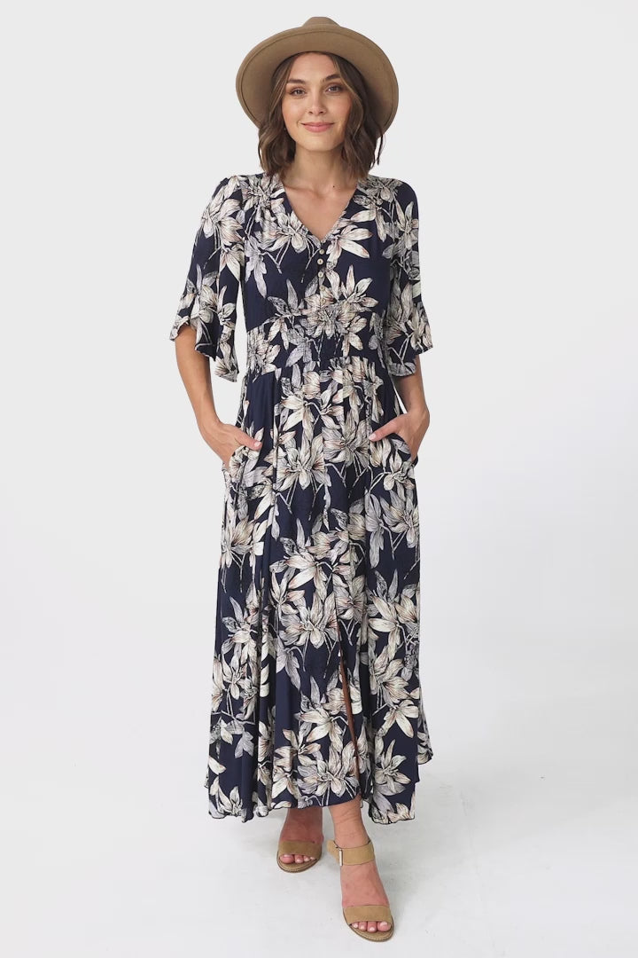 Frigg Maxi Dress - Buttoned Bodie A Line Dress With Flute Sleeves In Navy