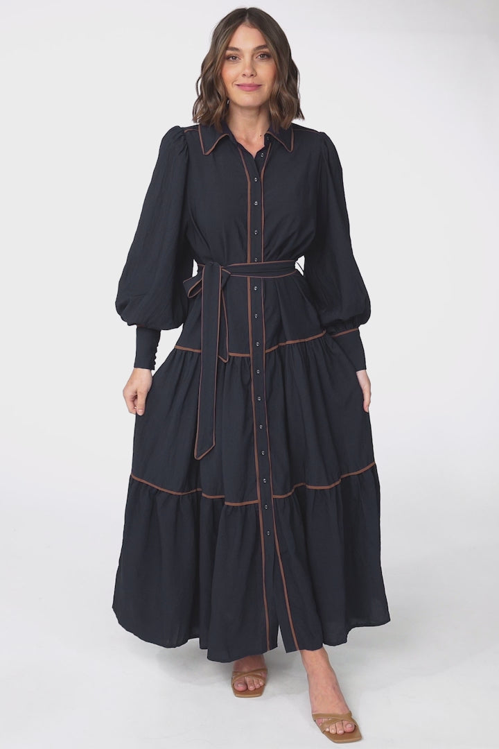 Marise Maxi Dress - A Line Dress with Collared Neckline and Long Sleeves in Navy