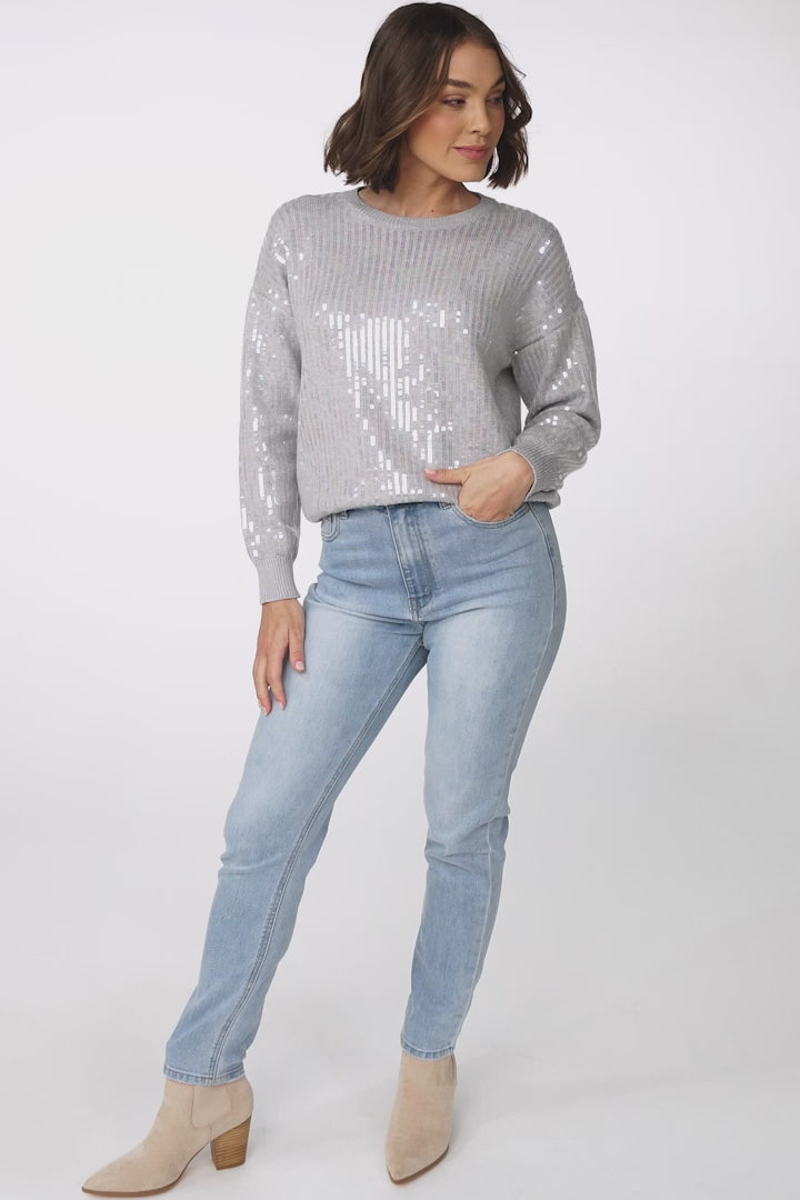 Sugar Jumper - Crew Neck Sequin Decal Jumper in Grey