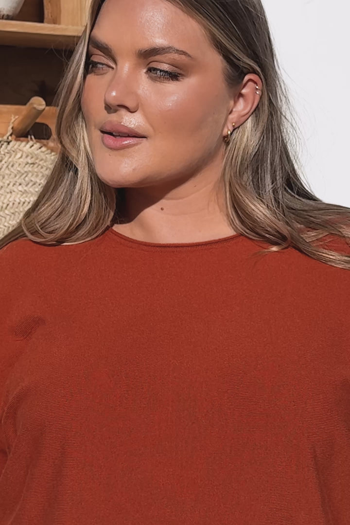 Allegra Knit Top - Crew Neck Curved Hem Box Silhouette Top in Burnt Orange