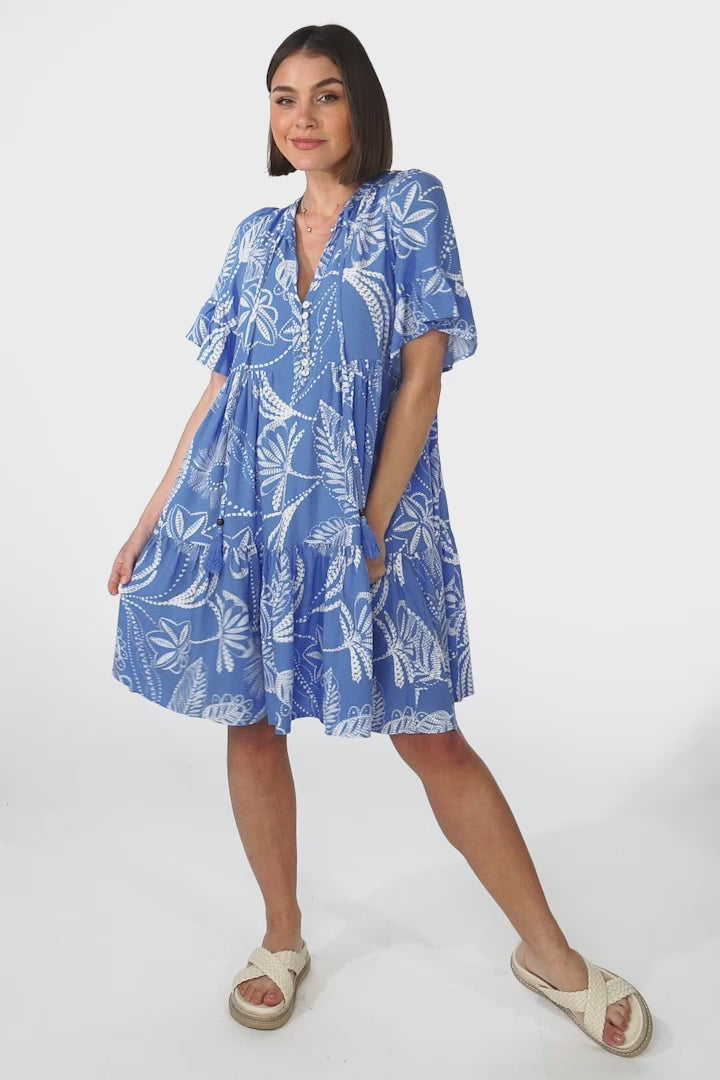 Abilia Mini Dress - Mandarin Collar Buttoned Bodice Smock Dress in Havanna Print in Blue