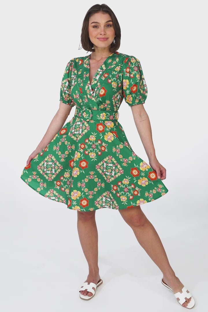 Lindi Mini Dress - Scallop Lattice Detailed A-Line Dress with Short Sleeves in Abella Print Green