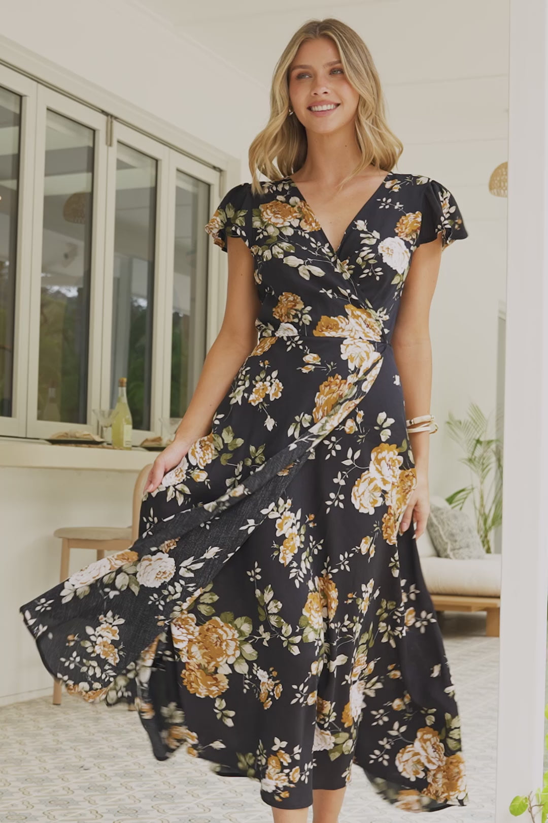 Georgina Midi Dress - V Neck Wrap Dress with Cap Flutter Sleeves in Paska Print