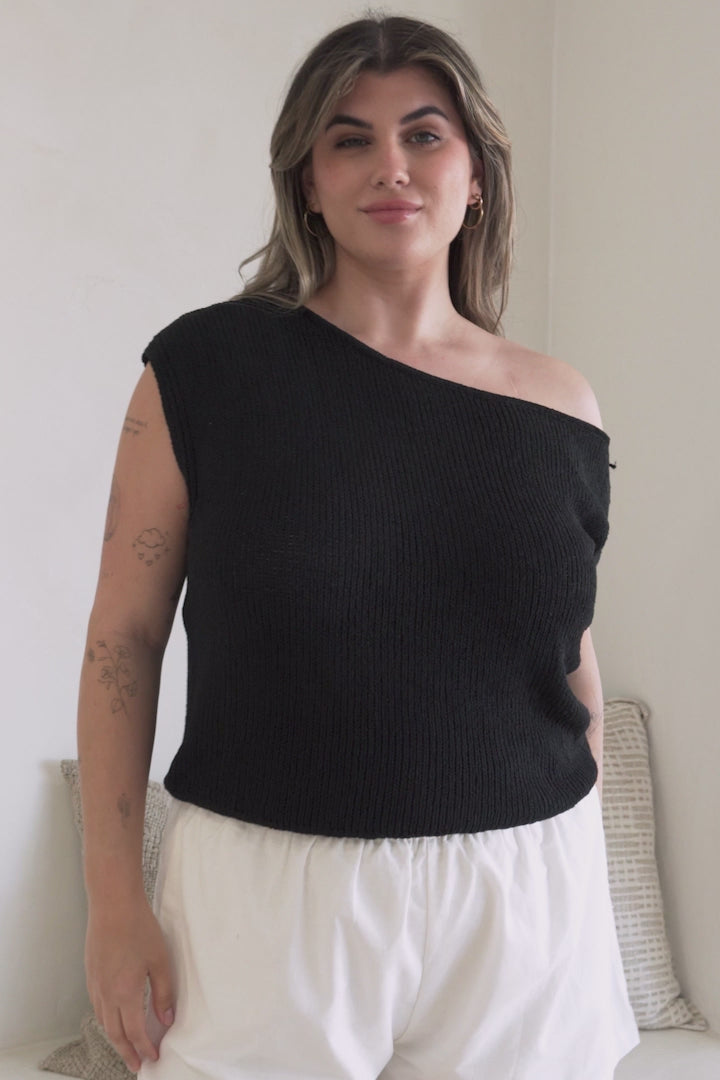 Mariah Knit Top - Sleeveless Asymmetric Neckline Top with Ribbed Hem in Black