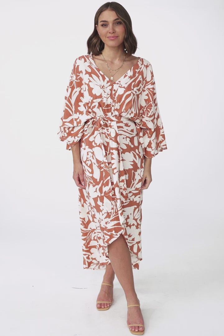 Casey Midi Dress - Kimono Sleeve High Low Dress with Waist Tie in Charis Print Rust