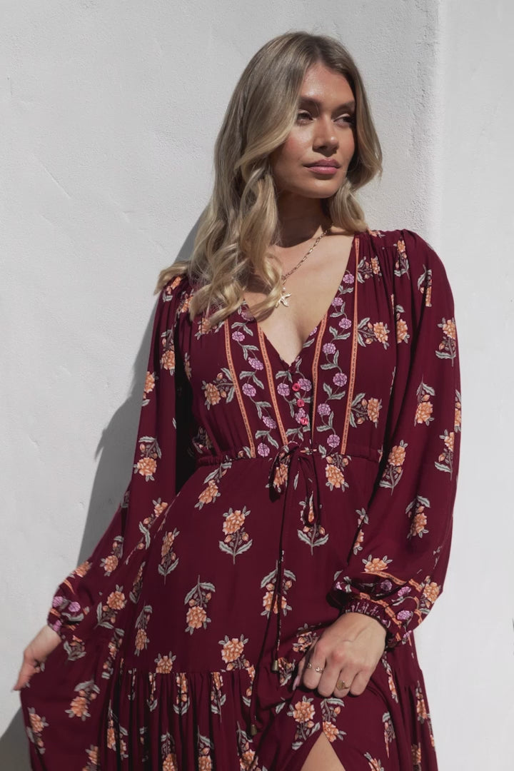 JAASE - Teresa Maxi Dress: A Line Dress with Long Balloon Sleeves in Grenache Print
