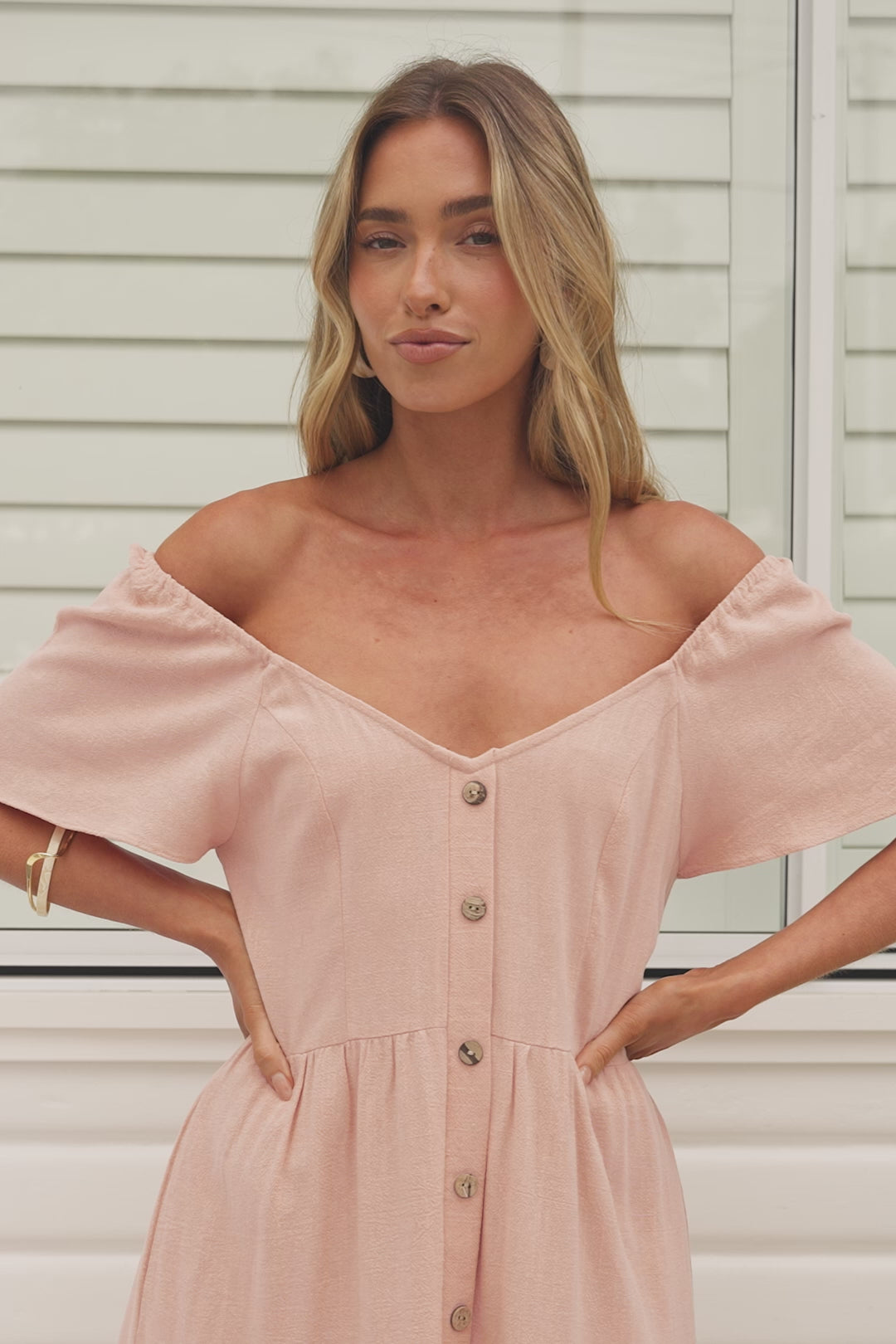 Karina Midi Dress - Button Down Cap Sleeve Tiered Dress in Pink