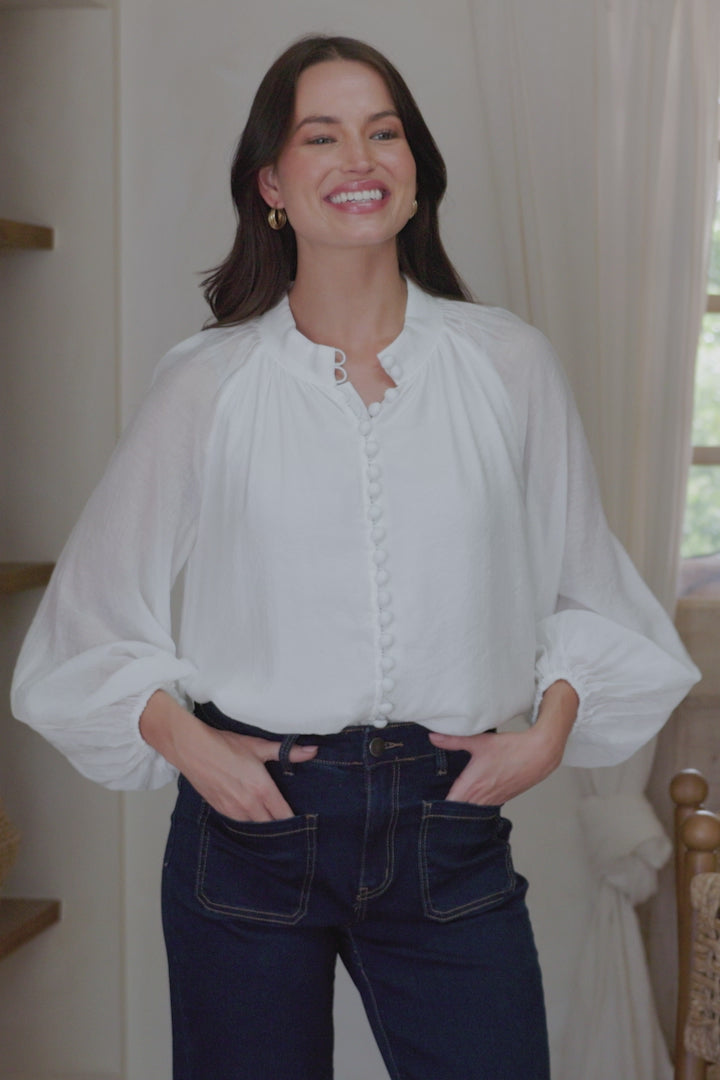 Portia Blouse - Button Down Mandarin Collar Shirt in Cream
