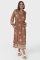 Sullivan Midi Dress - Mandarin Collar 3/4 Sleeve Dress with Pull Tie Waist in Lula Print Rust