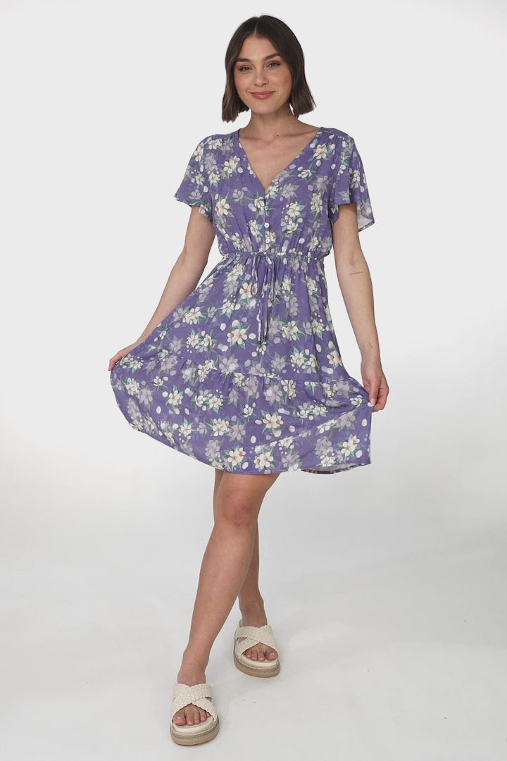 Malila Mini Dress - V Neck Pull Tie Waist Dress with Cap Sleeves in Ishaka Print