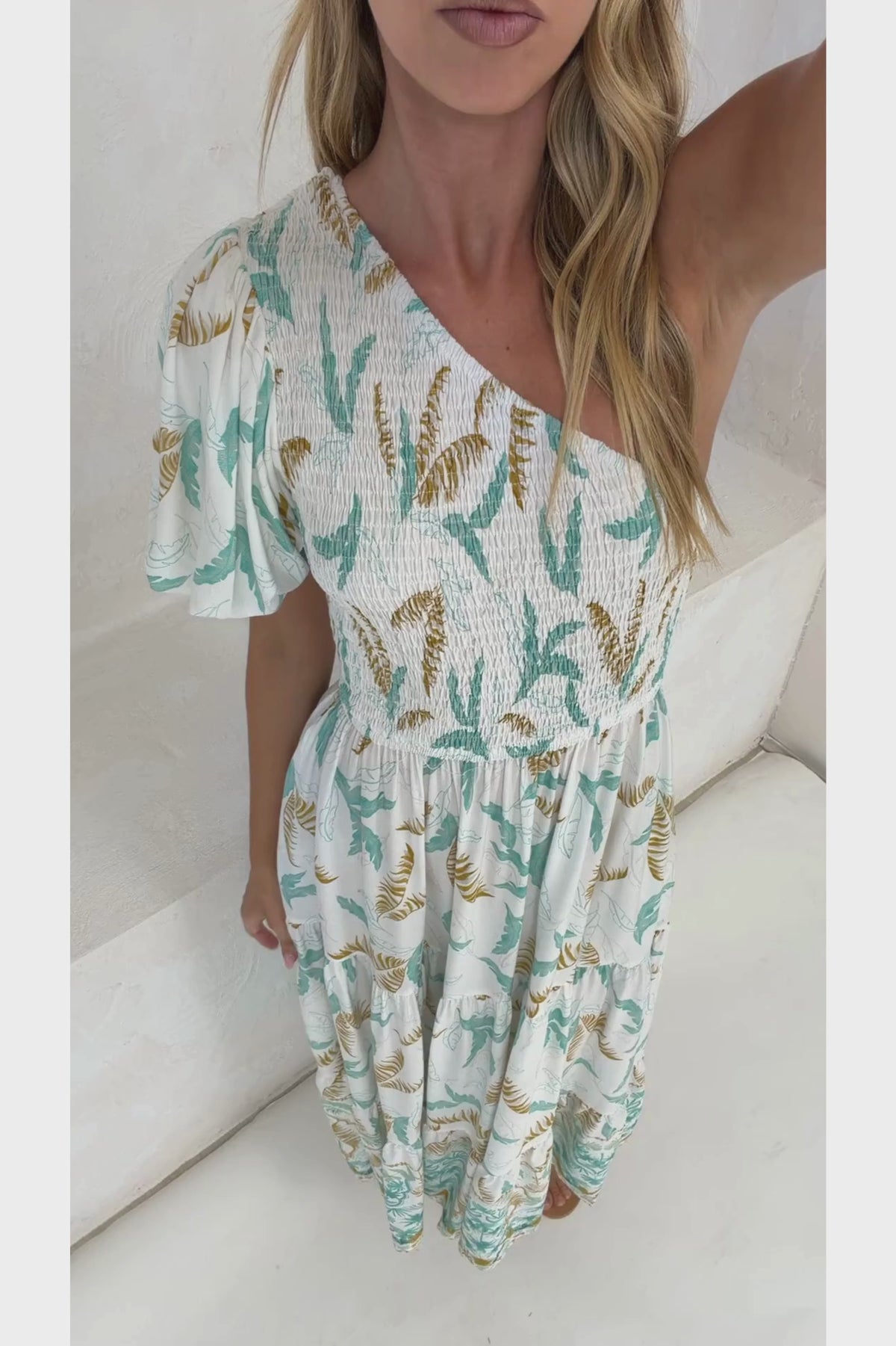 Karoline Midi Dress - One Shoulder Puffy Sleeve Tiered Dress in Passiona Print