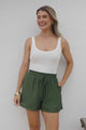 Baron Shorts - Elasticated Drawstring Waist Shorts with Lace Trim in Khaki