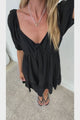 Michi Mini Dress - Sweetheart Neckline Mini with Tie Detail and Puff Sleeves in Black