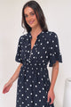 Jemina Maxi Dress - V-Neck Elasticated Waist A-Line Dress in Parisian Polka Print Navy
